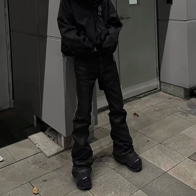 y2k streetwear wax leather strecth jeans for men and women ropa hombre baggy flare pants oversized straight denim trousers unique jeans style 4097