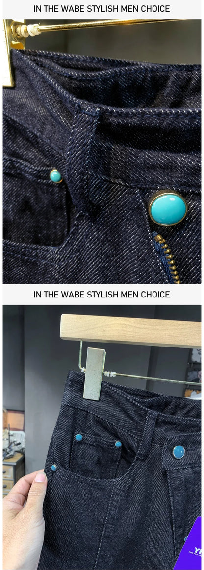 men streetwear splice denim fashion brand hip hop loose casual straight jeans pant cityboy deep blue y2k jeans trousers for men unique jeans style 1764