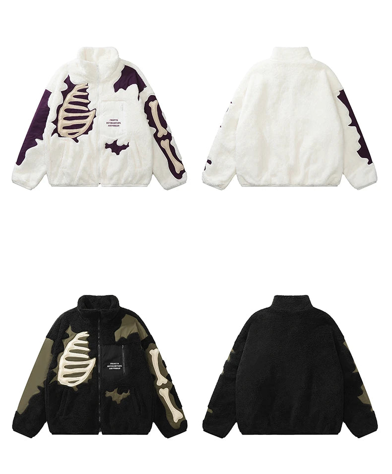 mens casual skulls patchwork fleece jackets coats new hairy stand collar zipper loose hoodies outerwears warm streetwear parkas unique default style 4796