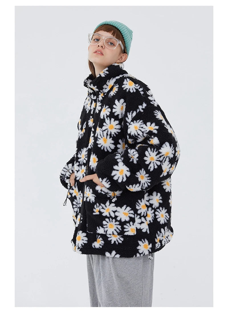rainbowtouches cotton padded thick parkas jackets streetwear hip hop daisy print fleece warm full zip coats harajuku outwear unique default style 4405