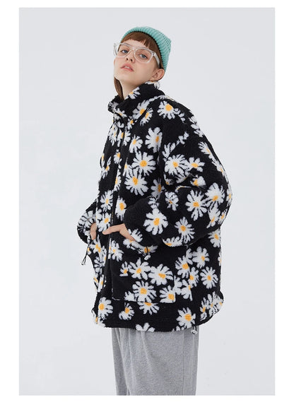 rainbowtouches cotton padded thick parkas jackets streetwear hip hop daisy print fleece warm full zip coats harajuku outwear unique default style 4405