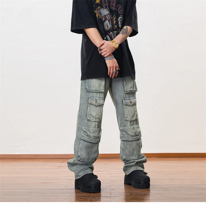 hip hop cargo denim pants streetwear plain denim pants mens harajuku cotton casual joggers jeans loose straight pants trousers unique joggers style 2848