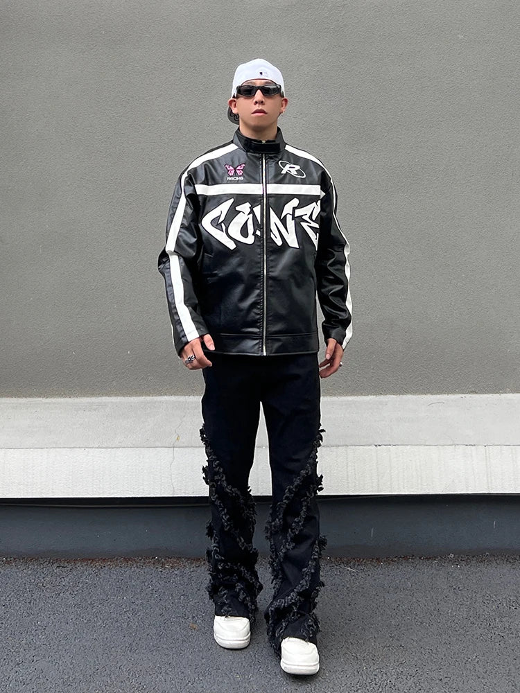 men racing jackets fashion letter embroidery patchwork jacket coats hip hop pu lether outerwear autumn casual streetwear jackets unique default style 4494