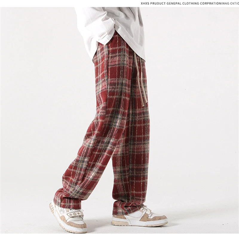 new mens y2k plaid casual baggy trousers autumn korean fashion straight woolen pants y2k vintage streetwear pantalones hombre unique default style 411