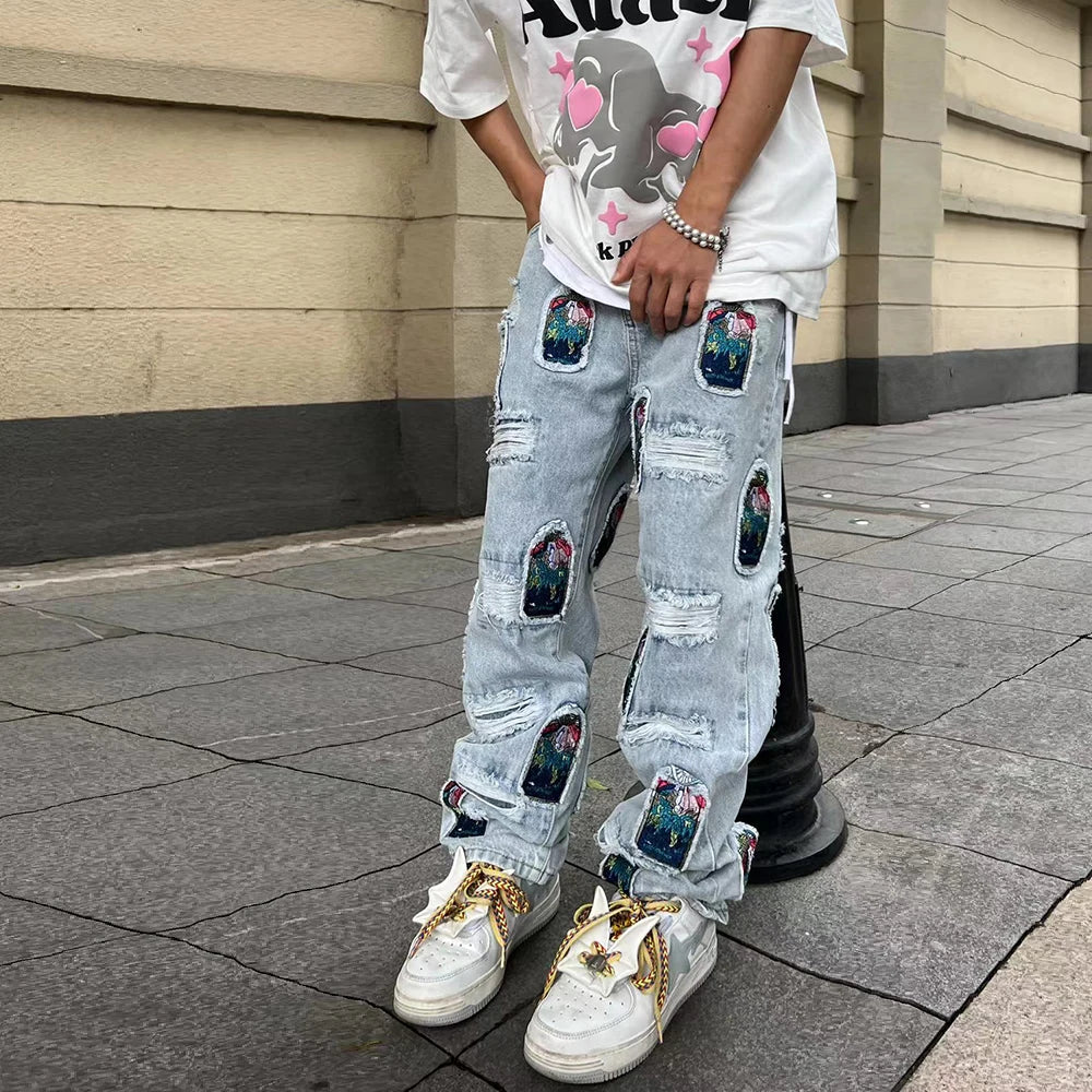 retro patch embroidered pleated jean for men street wear washed destroyed straight patchwork ripped jeans pants baggy hip hop stacked flare jeans