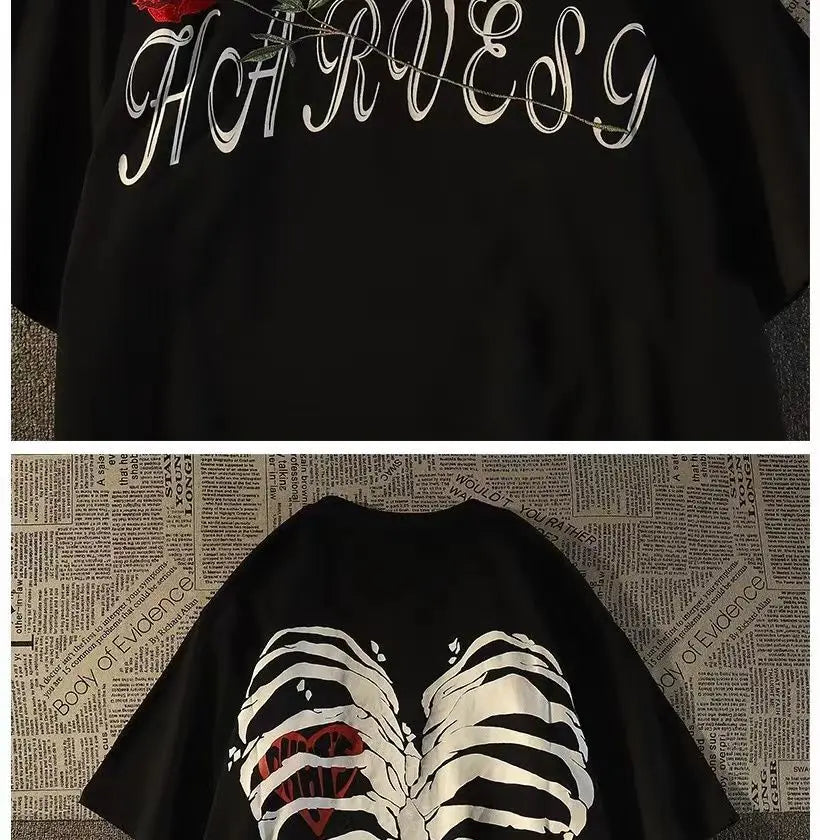Pure cotton American retro dark skeleton short-sleeved T-shirts for men and women summer ins loose street style couple y2k tops Street King Limited