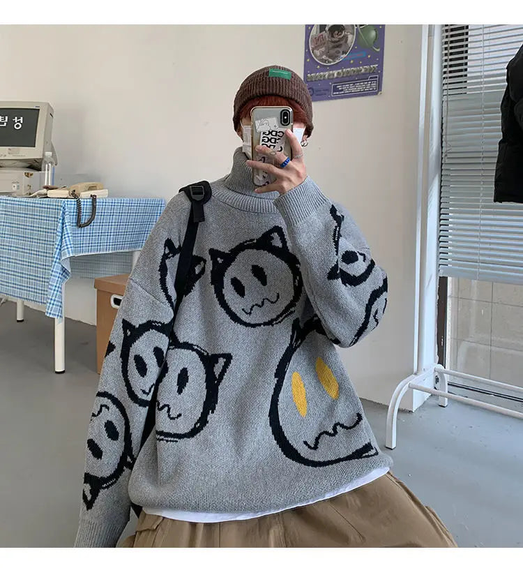 Korean literature art turtleneck sweater men autumn winter lazy style knitted sweater cartoon devil print wool clothes pullovers Street King Limited