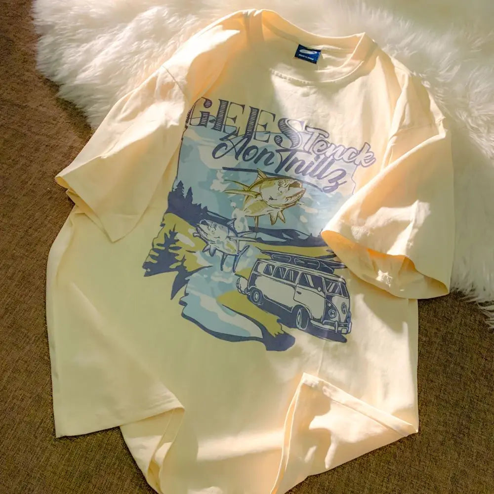 Pure cotton Japanese milk yellow cartoon car print short-sleeved T-shirt for men and women trendy loose and versatile clothes Street King Limited