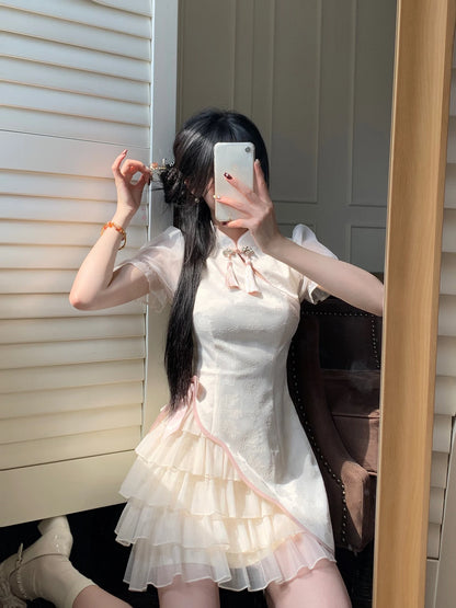 Vintage Chinese Style Cheongsam High Split Mini Dress 2024 Tie Dye Gothic Women Aesthetic Bandage Dresses Y2k Sexy Bodycon Robe Street King Limited