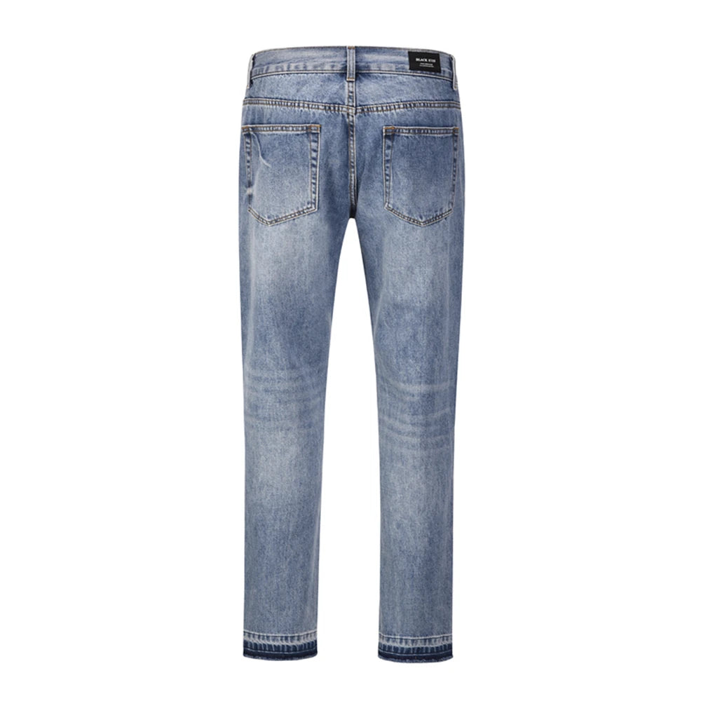 Vintage Washed Letter Embroidery Ripped Hole Blue Men's Jeans Straight Frayed Streetwear Hip Hop Loose Unisex Denim Trousers Street King Limited