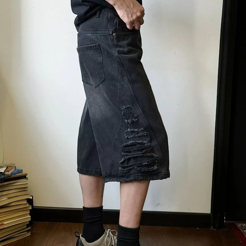 mens hip hop washed denim shorts broken hole folds burr edge street punk cowboy middle pants pockets bomber quarter pants y2k unique jeans style 4364