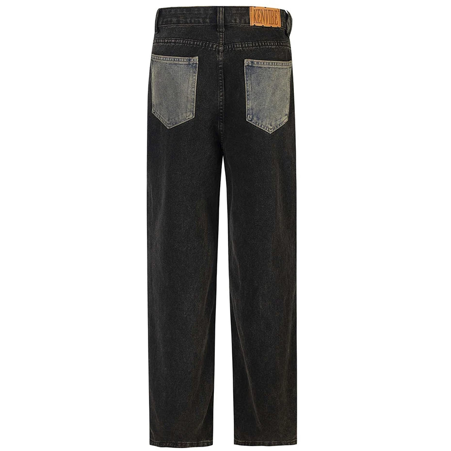 vintage black mens jeans patchwork hip hop baggy jeans man streetwear harajuku loose straight denim pants denim street jeans