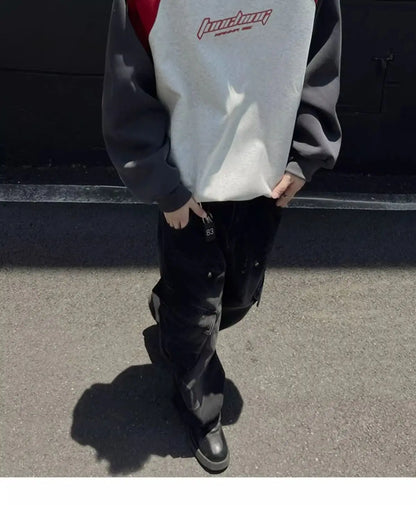 Trendy Personality Korean Motorcycle Style Round Neck Sweatshirt Men 2024 Spring Autumn Niche Contrasting Color Pullover Hot Top Street King Limited