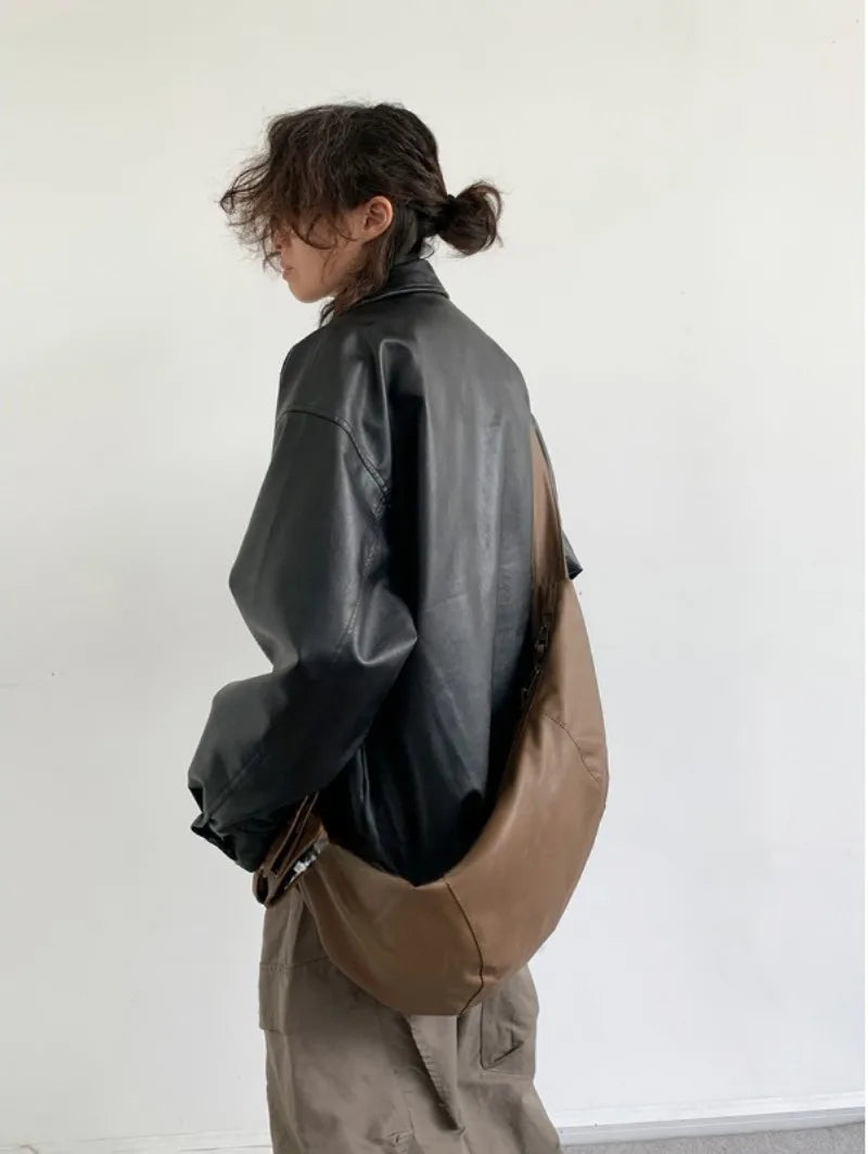 japanese spring pu leather jacket mens high street black profile tooling pilot jacket loose standing collar motorcycle outwear unique default style 2072