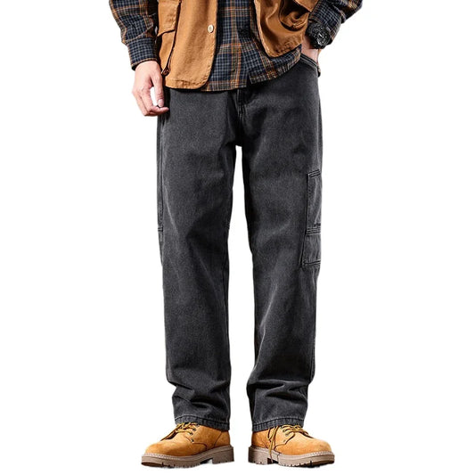 men retro fashion streetwear loose casual plus size straight denim cargo jeans pants man black gray jeans trousers utility cargo pants