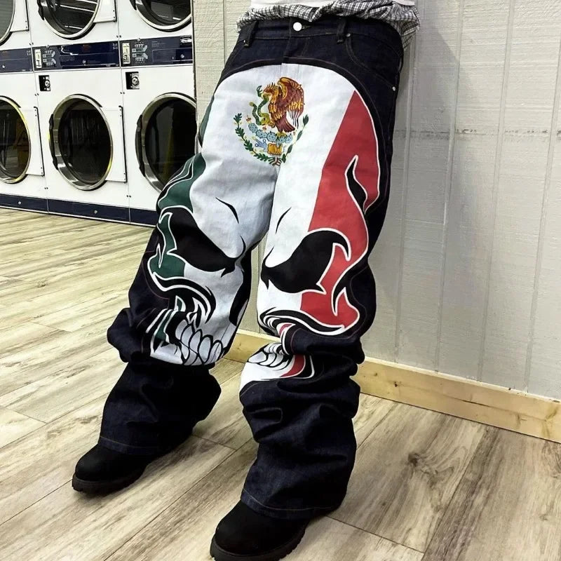y2k harajuku high street fashion brand fashion washed jeans street hip hop high waist animation printed oversized wide leg pants unique jeans style 3218