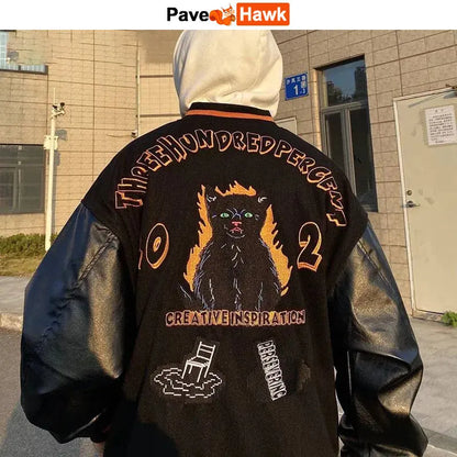 baseball jacket men women patchwork high street retro flocking letter cat coat spring autumn casual loose varsity jackets unisex menswear bottoms