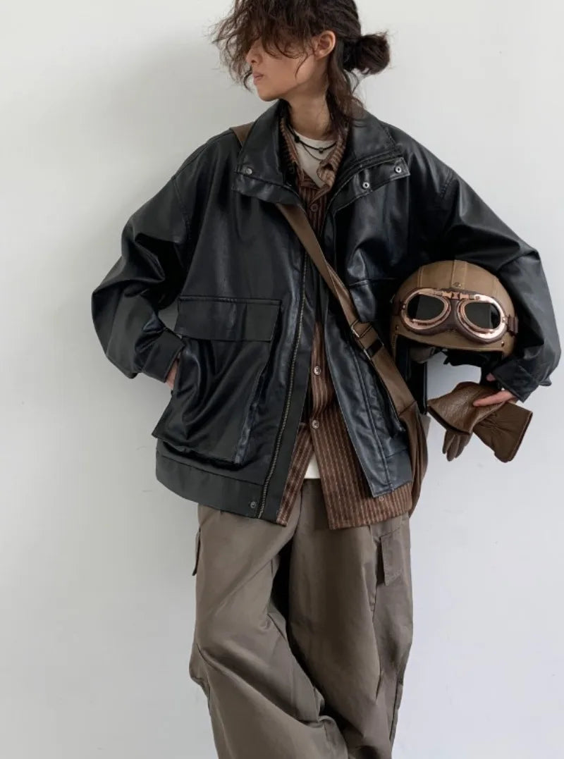 japanese spring pu leather jacket mens high street black profile tooling pilot jacket loose standing collar motorcycle outwear unique default style 2077