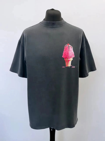 2024 summer new street style ice cream print short sleeve cotton T-shirt men Y2k top Gothic style Harajuku loose couple shirt Street King Limited