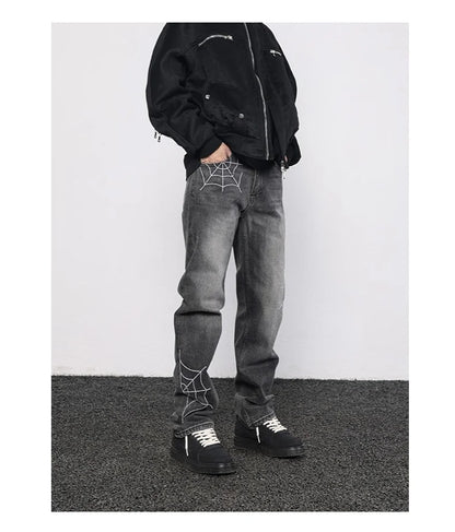 mens hip hop streetwear denim pants cobweb embroidery denim pants 2023 harajuku zipper cotton joggers jeans trousers harem pants unique joggers style 922