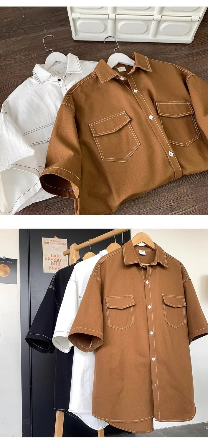 Retro trendy and personalized unisex style short sleeved men and women summer Korean street loose lapel couple work top y2k Street King Limited