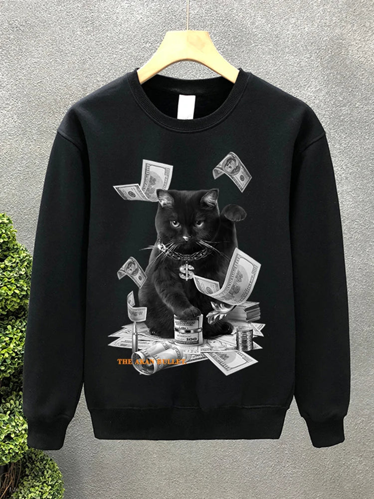 Cartoon Money Cat Graphic Printed Crewneck Sweatshirts Hombre Hip Hop Fashion Pullover Hoodies Y2K Streetwear Oversized Clothes Street King Limited