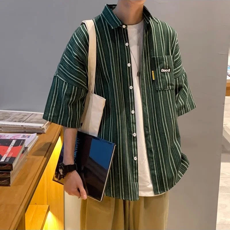 Streetwear Summer Mens Vintage Striped Shirts Letter Print Short Sleeve Casual T 2024 Summer Mens Vintage Striped Shirts Letter Print Short Sleeve Casual T Shirt Clothing Y2K Streetwear Loose Social Camisas Fashion Sweater Jacket With Graphic Design For Men