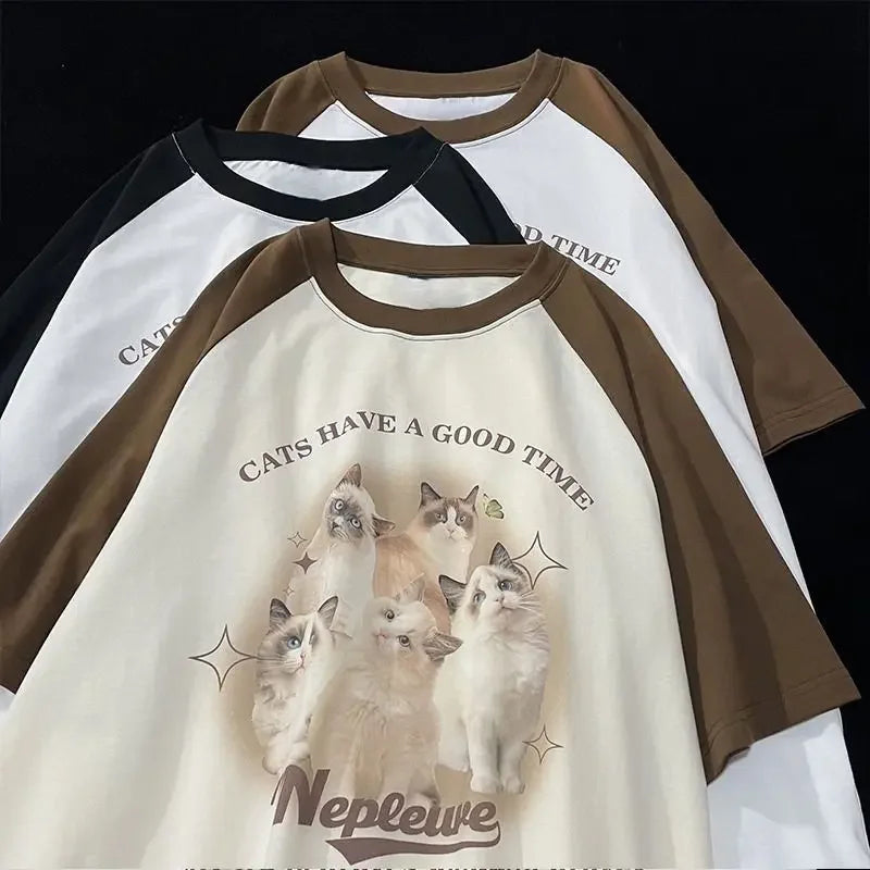 Cotton Cute Cat Graphic T shirt Summer Fashion Loose Women Vintage Personality Fresh art kawaii clothes Short Sleeve Tops Street King Limited