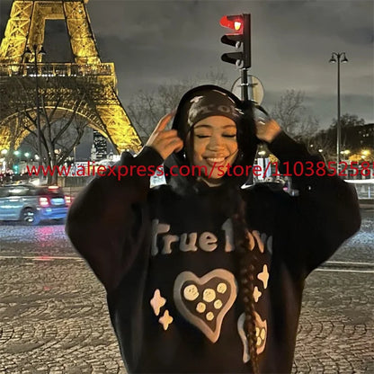 Autumn and Winter American Heavyweight Vintage Long Sleeved Fleece Hooded Sweatshirt Oversize 3D Letter Love Little Ghost Print Street King Limited