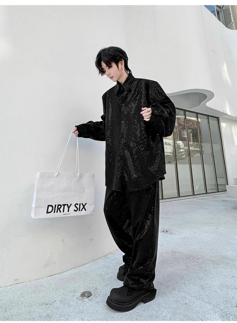 mens sequin 2 piece sets loose casual long sleeve shirt pant stage fashion party show clothing dress shirts trousers costumes unique default style 2768