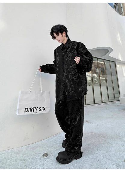 mens sequin 2 piece sets loose casual long sleeve shirt pant stage fashion party show clothing dress shirts trousers costumes unique default style 2768