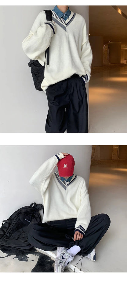 Pullovers Men Sweater Patchwork Ins Fashion Winter Design Couple V-neck Harajuku Knitwear Loose Students Simple Ropa Para Hombre Street King Limited