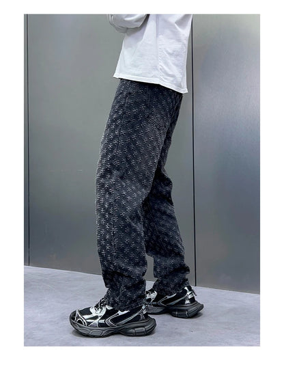 Men Wide Leg Denim Pants High Street American Retro Jacquard Loose Straight Jeans Y2K Fashion Streetwear Baggy Trousers Street King Limited