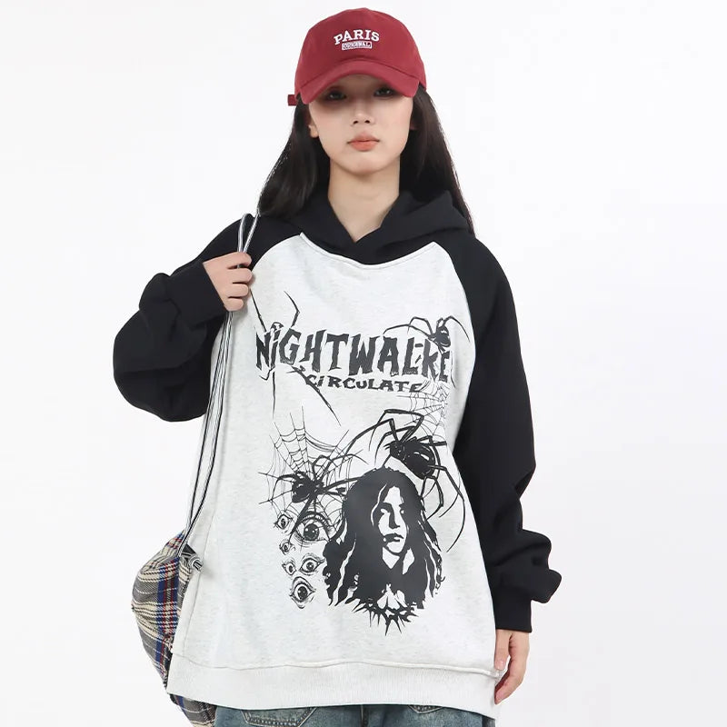 Men Fleece Hoodie Spider Web Eye Graphic Print Patchwork Sweatshirt Harajuku Casual Loose Pullover Hip Hop Streetwear Couple Street King Limited