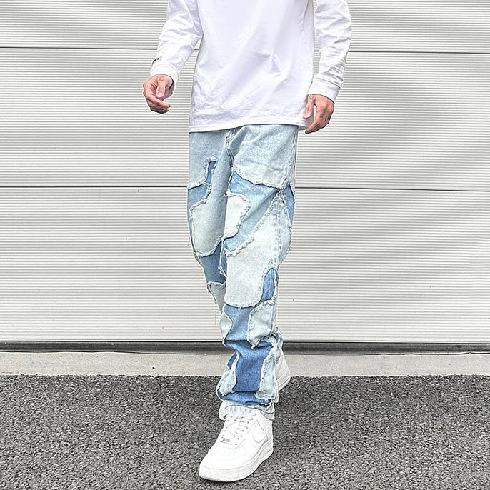 ripped irregular patchwork design denim jeans men casual zipper biker trousers jeans fashion streetwear hip hop pants joggers unique joggers style 2615