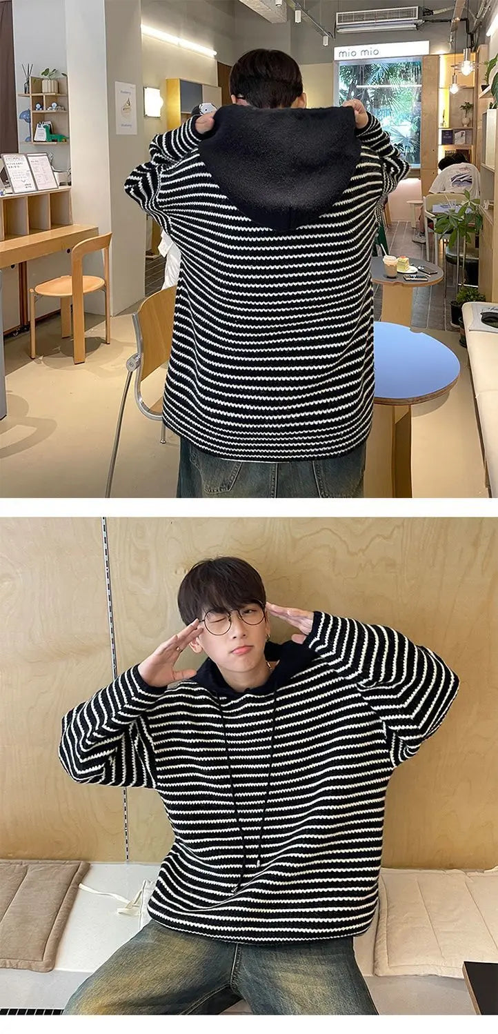 Y2K Striped hooded sweater for men and women autumn and winter American retro trend couple lazy loose and casual knitted top Street King Limited
