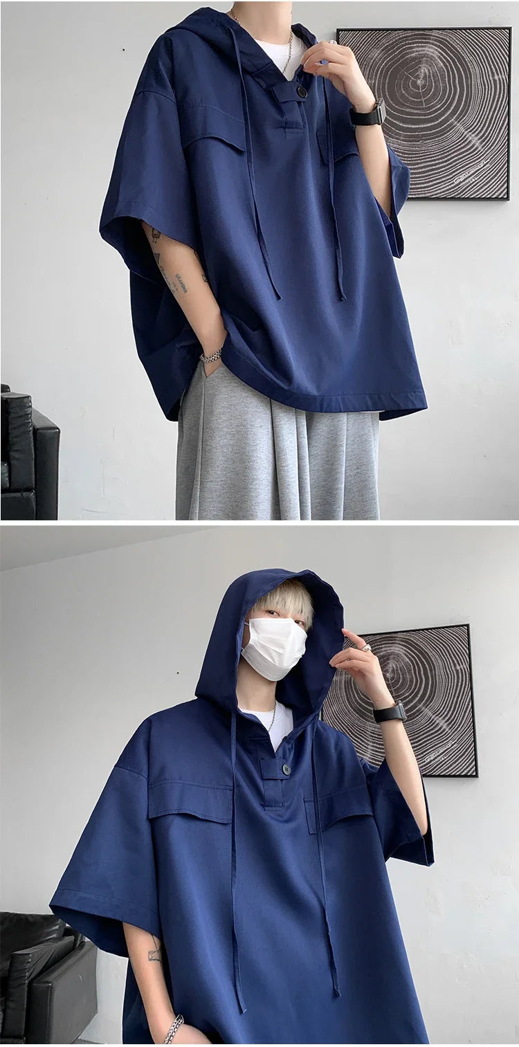 5 Colors Summer Hooded T shirt Men Korean Half Sleeve Pullover Streetwear Loose T-shirt Tops Drawstring Men Clothing Street King Limited