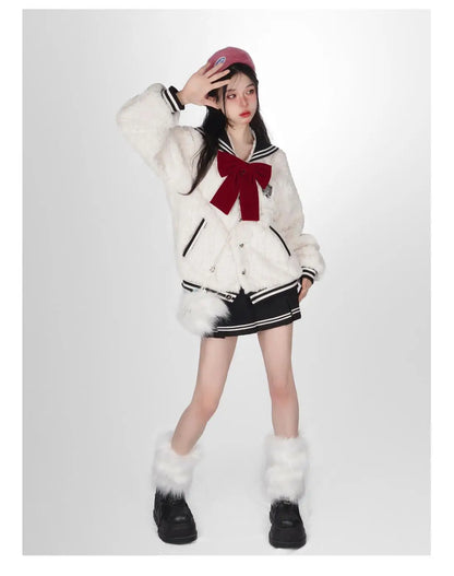 Harajuku Sweet Thicknecked Bow College Coat Woman Zip Up Hoodie Sailor Suit Plush Hoodies Women 2023 Streetwear Goth Y2k Clothes Street King Limited