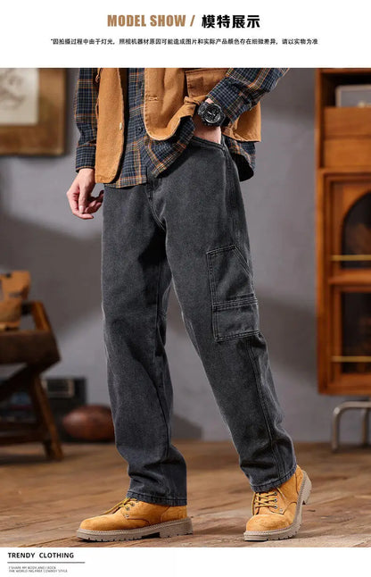 men retro fashion streetwear loose casual plus size straight denim cargo jeans pants man black gray jeans trousers unique cargo style 1845