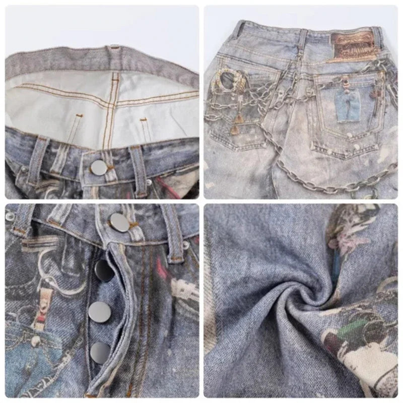 new 3d chain printed baggy jeans for men and women casual baggy straight denim pants high street wide leg y2k blue jean urban skinny jeans