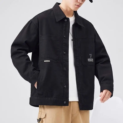 american retro workwear jacket for boys loose spring and autumn high street japanese style khaki casual trendy denim jacket tops ripped baggy denim