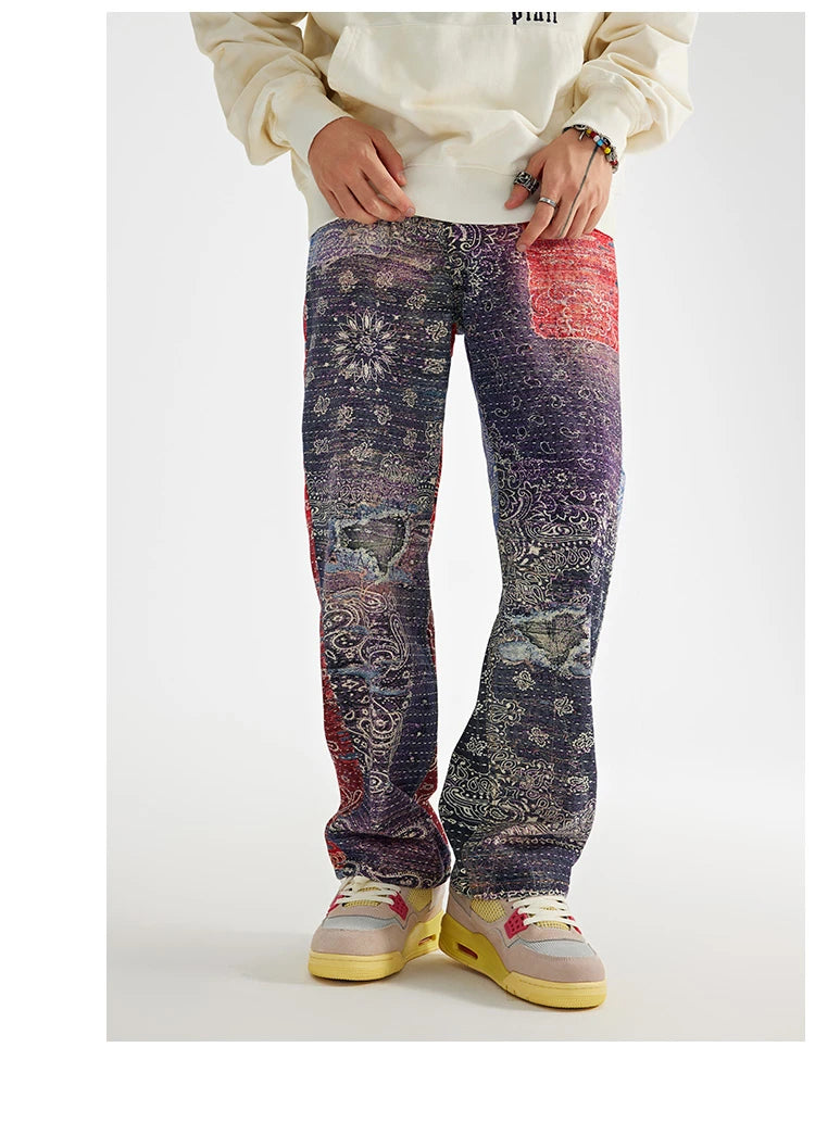 hip hop paisley printed denim jeans mens new casual zipper straight jeans streetwear high street loose pants baggy jeans joggers unique joggers style 1390