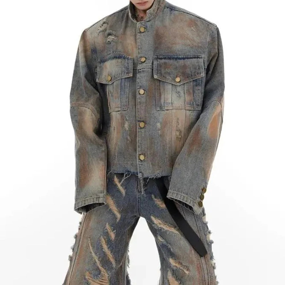 mens denim jacket jeans wilderness construction site style distressed washed holes street wear fashion versatile mens wear 2024 unique jeans style 3073