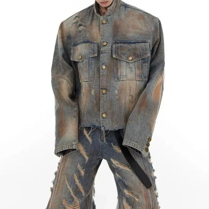 mens denim jacket jeans wilderness construction site style distressed washed holes street wear fashion versatile mens wear 2024 unique jeans style 3073