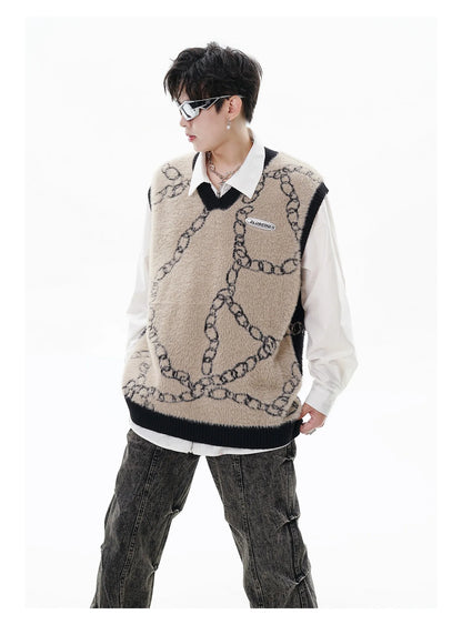High Street Harajuku Imitation Mink Hair Knitted Vest Chain Color Block V-neck Pullover Sweater Vest Oversized Knitwear Trendy Street King Limited