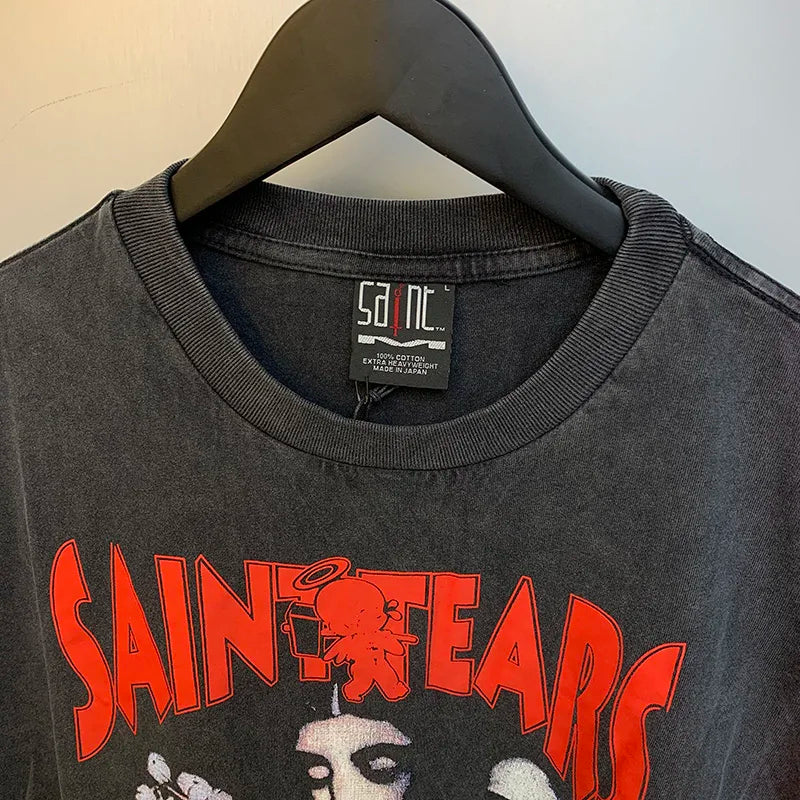 2024ss Sheep Lion Head Printing T Shirt Michael Men Woman Good Quality Vintage Wash Black O-Neck Loose Casual Tops Tee Street King Limited