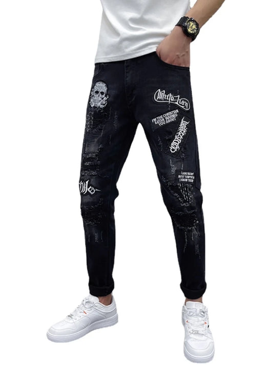 skull embroidery jeans ripped holes denim pants men zipper biker jeans streetwear slim fit y2k punk hip hop casual pants joggers streetwear sweatpants