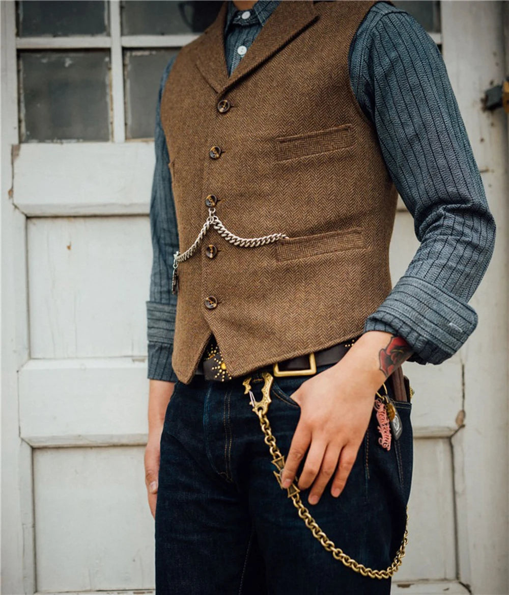 Business Mens Suit Vest Lapel V Neck Wool Herringbone Casual Brown Waistcoat Casual Formal Groomsman Jacket For Wedding Street King Limited