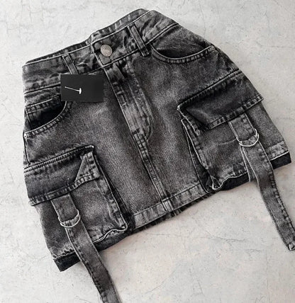 Vintage Y2K New Harajuku Multiple Pockets Denim Plaid Skirt Goth Black Mini Skir Fashion Womens Casual Versatile Sexy Streetwear Street King Limited