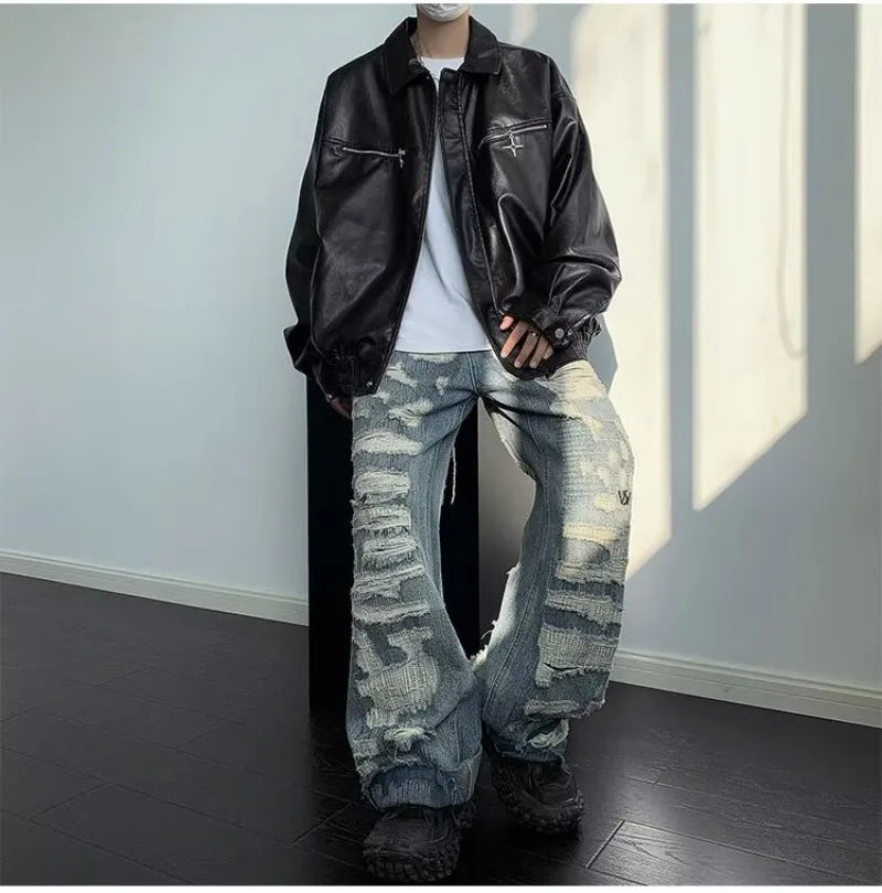 retro motorcycle pu leather jacket mens high street punk zipper decoration loose coats unisex hip hop fashion outwear spring unique default style 2048